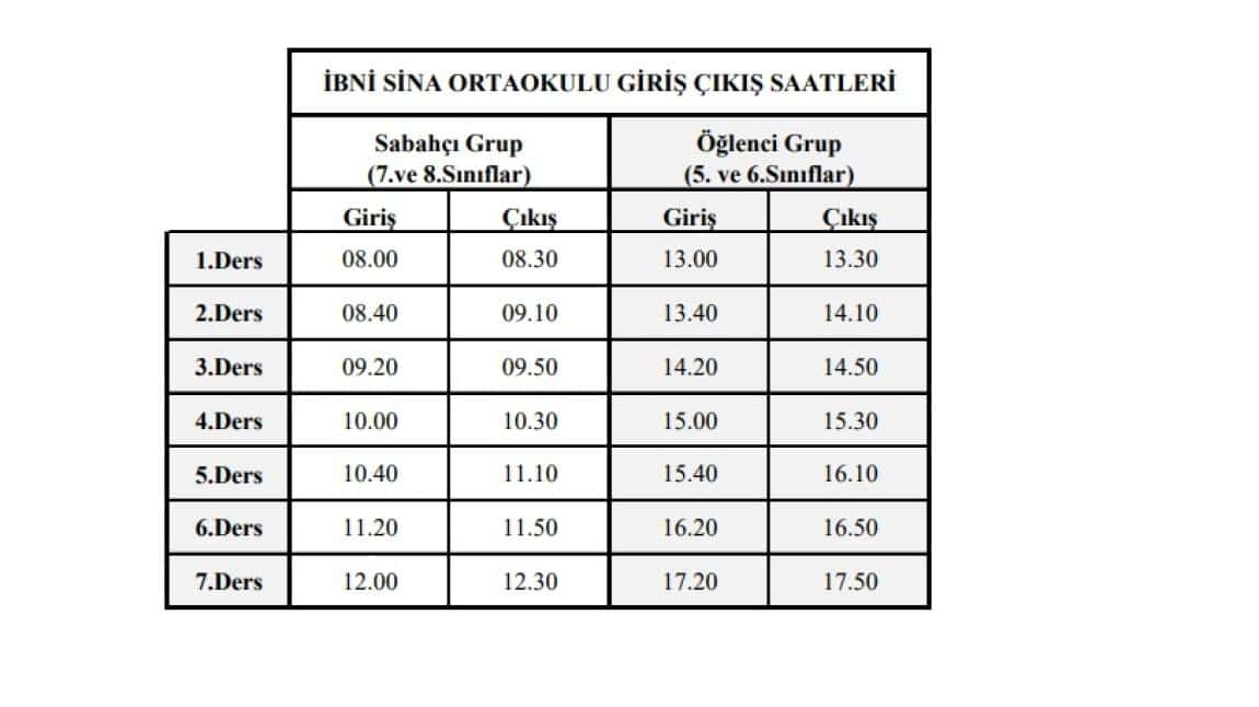 2024-2025 Eğitim Öğretim Yılı Ders Giriş Çıkış Saatleri